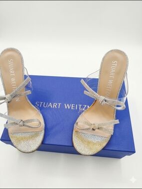 NIB Stuart Weitzman Silver Glitter Bow Mules Heels 7